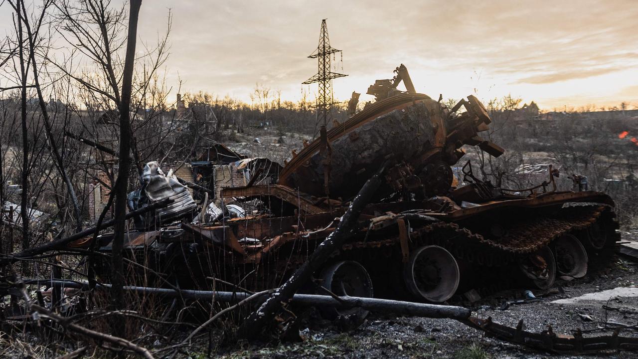 A destroyed tank in the village of Bohorodychne, eastern Ukraine. Picture: Sameer Al-Doumy/AFP