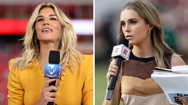 Charissa Thompson talks during a pre-game broadcast and Molly McGrath on the sidelines. Photo: Jamie Squire, Getty Images and intagram, @mollyamcgrath.