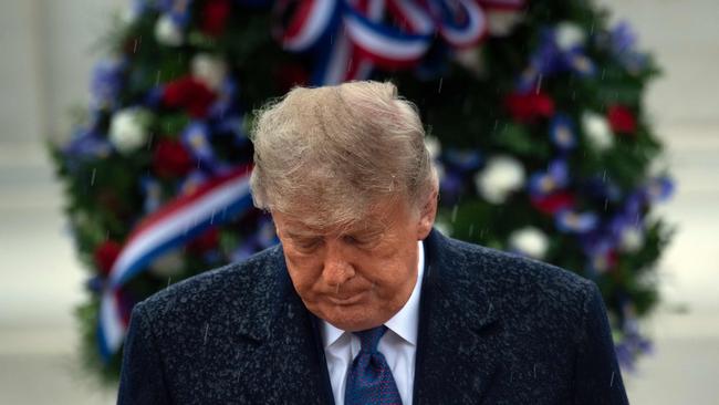 US President Donald Trump leaves after placing a wreath at the Tomb of the Unknown Soldier on Veterans Day at Arlington National Cemetery in Arlington, Virginia, on November 11. Picture: AFP