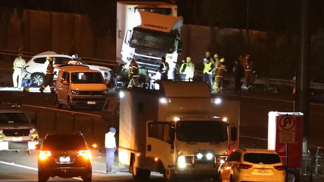 The freeway remained closed early Thursday morning. Picture: David Crosling