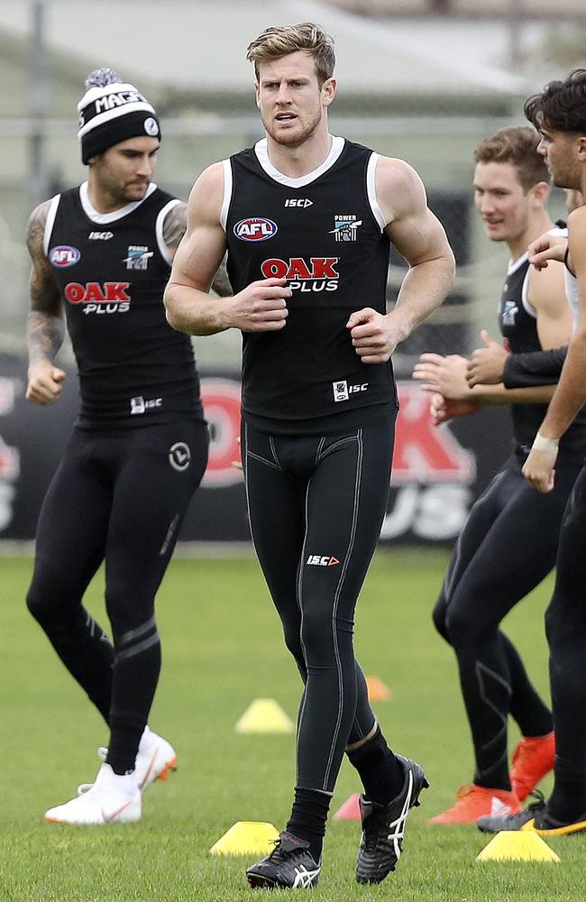 Port Adelaide’s Tom Jonas trains at Adelaide Oval. Picture: Sarah Reed