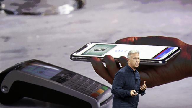 Phil Schiller unveils the iPhone X. Picture: AP Photo/Marcio Jose Sanchez