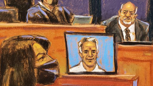 A court sketch shows Juan Alessi, right, Epstein's former house manager, Judge Alison Nathan and Ghislaine Maxwell during her trial on charges of sex trafficking.