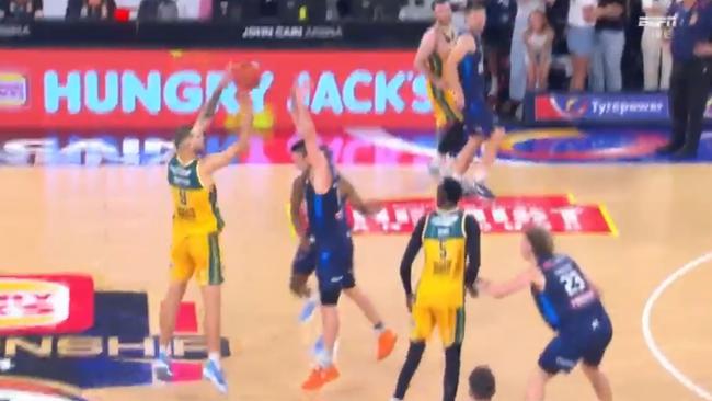 A screen shot of JackJumper Jack McVeigh and his winning shot in the dying seconds of game three of the NBL Championship series.