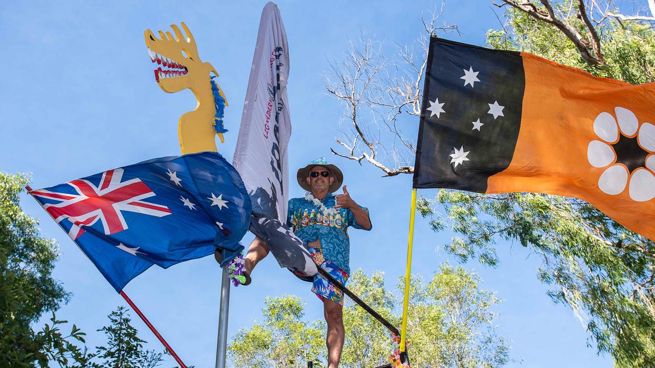 Drew Mcaliece with his boat ‘SheBeRite’. He is the reigning novelty boat champion of the Darwin Lions Beer Can Regatta. Picture: Pema Tamang Pakhrin