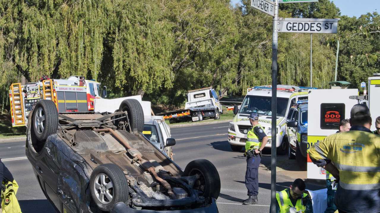 Two car collision at Kitchener and Geddes streets, One car rolled onto roof and two people transported to hospital. Wednesday, 18th Mar, 2020. Picture: Nev Madsen