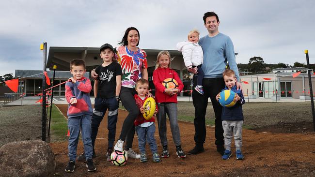 Deputy Mayor Jo Westwood with her children (L-R) Cooper 7, Finlay 9, Fraser 3, Emelia, 9, with Mayor Dean Winter and his children, Harriet, 2, and George, 3.  Picture: NIKKI DAVIS-JONES