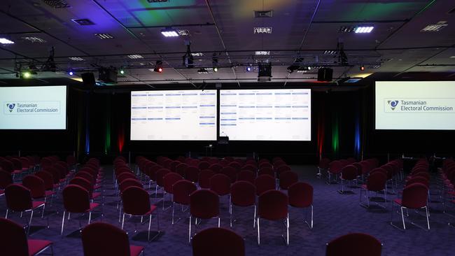 An empty tally room prior to the counting of votes during the Tasmania state election 2021.