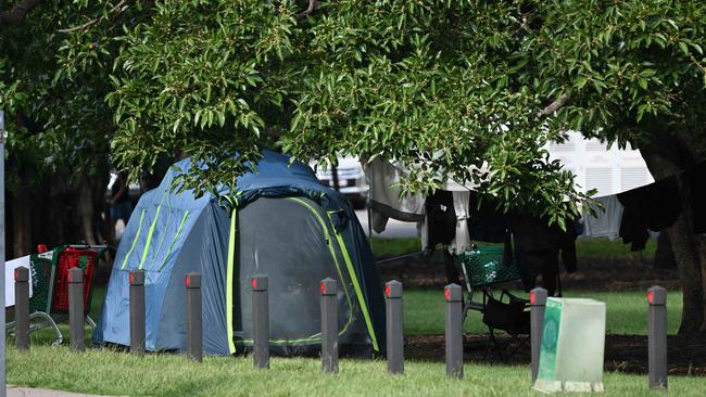 Homeless tents in Musgrave park, West End, Brisbane. Pic: Lyndon Mechielsen