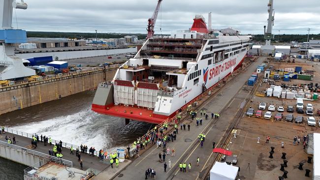 Spirit of Tasmania V, has been officially named and launched at a traditional ceremony at shipbuilder Rauma Marine Constructions yards in Finland. Picture: Supplied