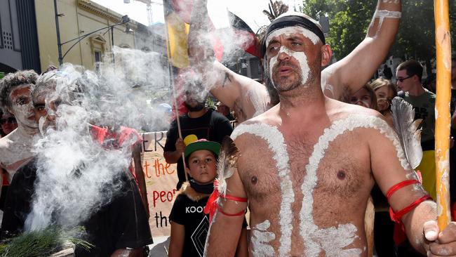 Protesters said white Australians should respect the negative meaning of the day for Aboriginal people. Picture: Nicole Garmston