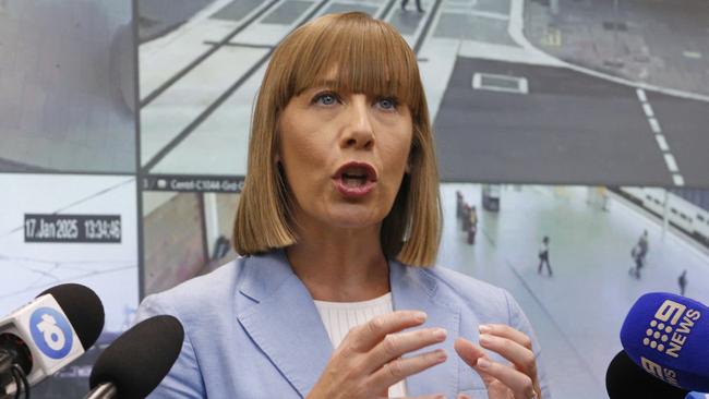 Transport Minister Jo Haylen speaks at the Transport Management centre after ongoing industrial action. Picture: NewsWire / John Appleyard