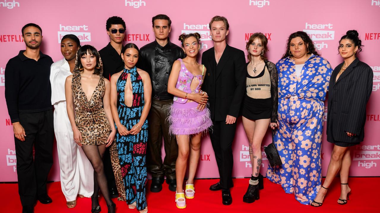 Thomas Weatherall, Chika Ikogwe, Gemma Chua-Tran, James Majoos, Sherry-Lee Watson, Will McDonald, Chloe Hayden, Bryn Chapman Parish, Asher Yasbincek, Kartanya Maynard and Ayesha Madon attends the Netflix cast and crew screening of "Heartbreak High" Season 2 at Palace Cinemas Moore Park on April 10, 2024 in Sydney, Australia. (Photo by James Gourley/Getty Images for Netflix)