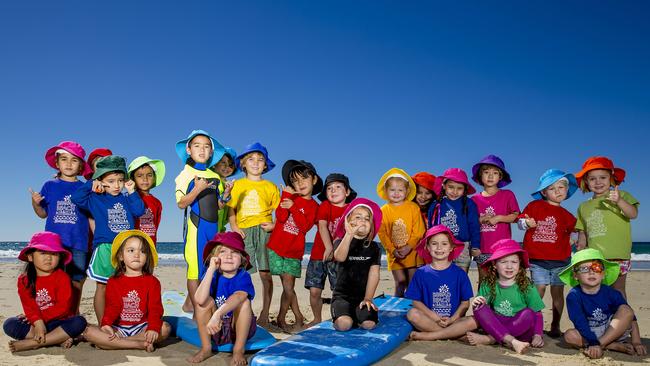 Broadbeach Kindy students are learning about surfing and swim safety at Broadbeach beach. Picture: Jerad Williams