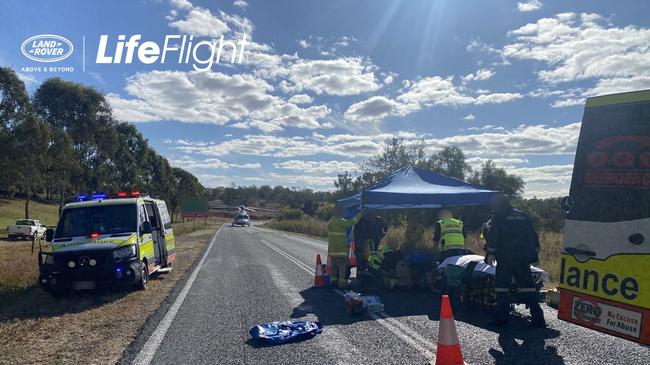 The man in his 60s was airlifted to hospital after he crashed into a car near the Goomeri Pumpkin Festival on Saturday. Picture: LifeFlight