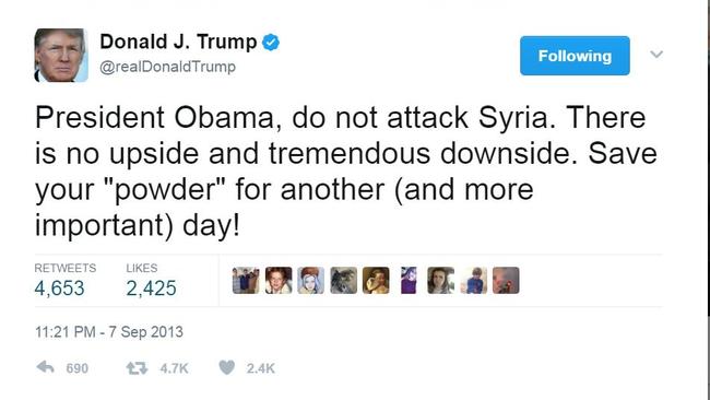 Donald Trump warned then-president Barack Obama about attacking Syria in 2013.