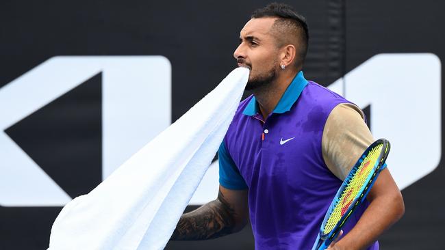 Nick Kyrgios shows some frustration en route to his Murray River Open victory. Picture: William West/AFP