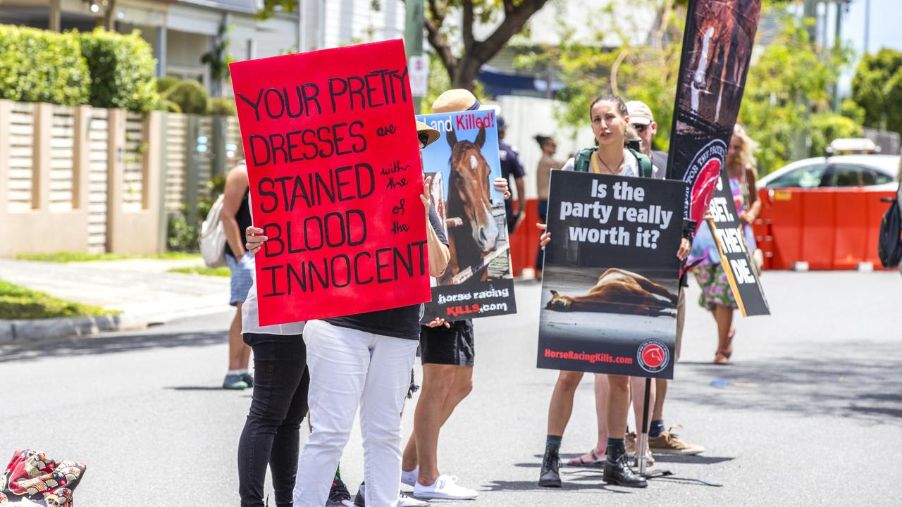 Protesters at Doomben Racecourse for 2020 Melbourne Cup Day. Picture: Richard Walker