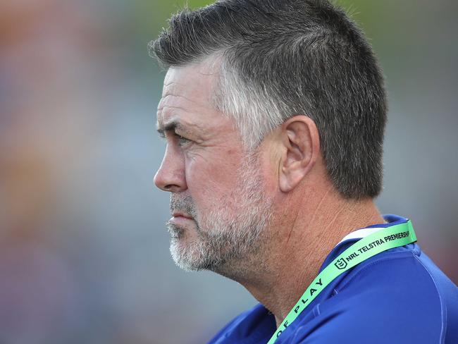 AUCKLAND, NEW ZEALAND - MARCH 16: Bulldogs head coach Dean Pay looks on during the round 1 NRL match between the New Zealand Warriors and the Canterbury Bulldogs at Mt Smart Stadium on March 16, 2019 in Auckland, New Zealand. (Photo by Phil Walter/2019 Getty Images)