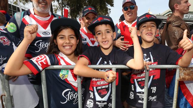 Hundreds of Roosters fans turned out to celebrate. Picture: Richard Dobson