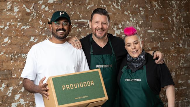 Justin Narayan, Manu Feildel and Anna Polyviou, who are contributing to the relaunched Providoor. Picture: Julian Andrews