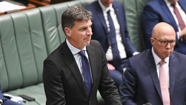 Shadow treasurer Angus Taylor (left) and Opposition Leader Peter Dutton (right) have both called for the deregistration of the CFMEU. Picture: NewsWire / Martin Ollman