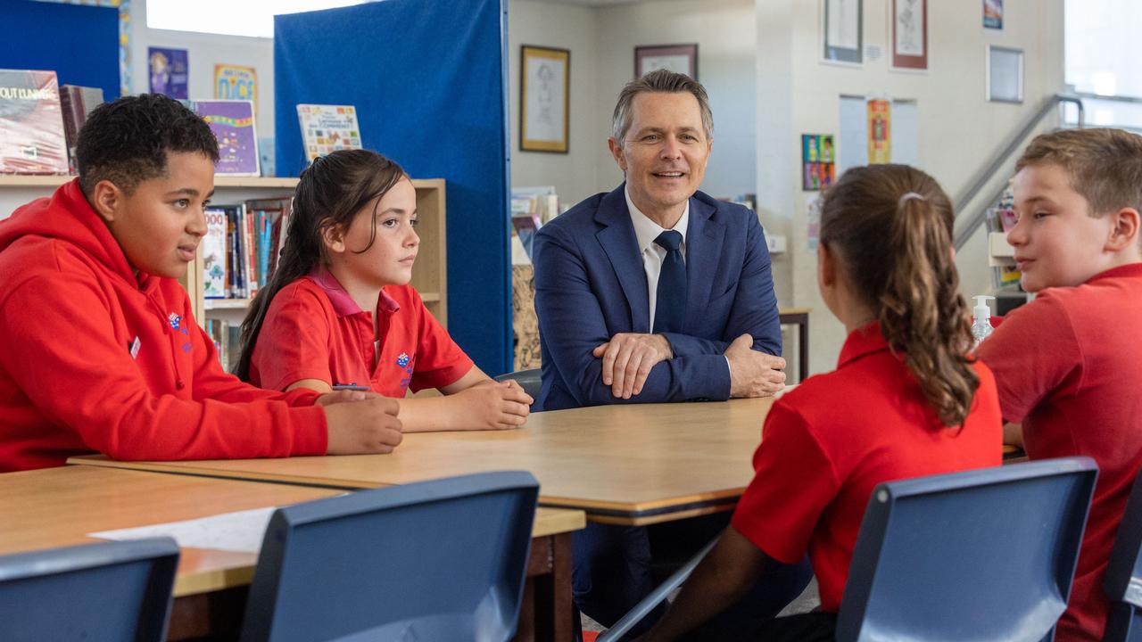 Education Minister Jason Clare wants kids like (left to right) Havana Foulcher, 10, Nathan Levy, 11, Thibault de Fombelle, 11, and Laura Daumont, 11, from Telopea Park School in Canberra to consider a career in teaching. Picture: Gary Ramage