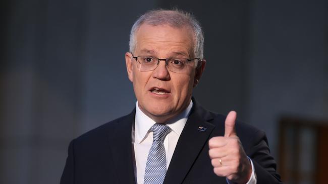 CANBERRA, AUSTRALIANewsWire Photos MARCH 30, 2022: Prime Minister Scott Morrison spoke to morning Tv shows about the 2022 Budget, in Parliament House, Canberra. Picture: NCA NewsWire / Gary Ramage