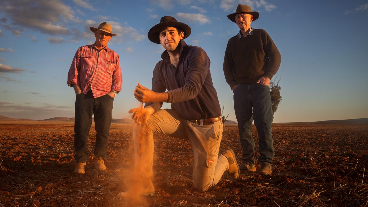 Farmers Gilmour Catford with his son Andrew Catford and brother Rod Catford on their property in Morchard. GoyderÃ¢â¬â¢s Line, South Australia. Picture by Matt Turner.