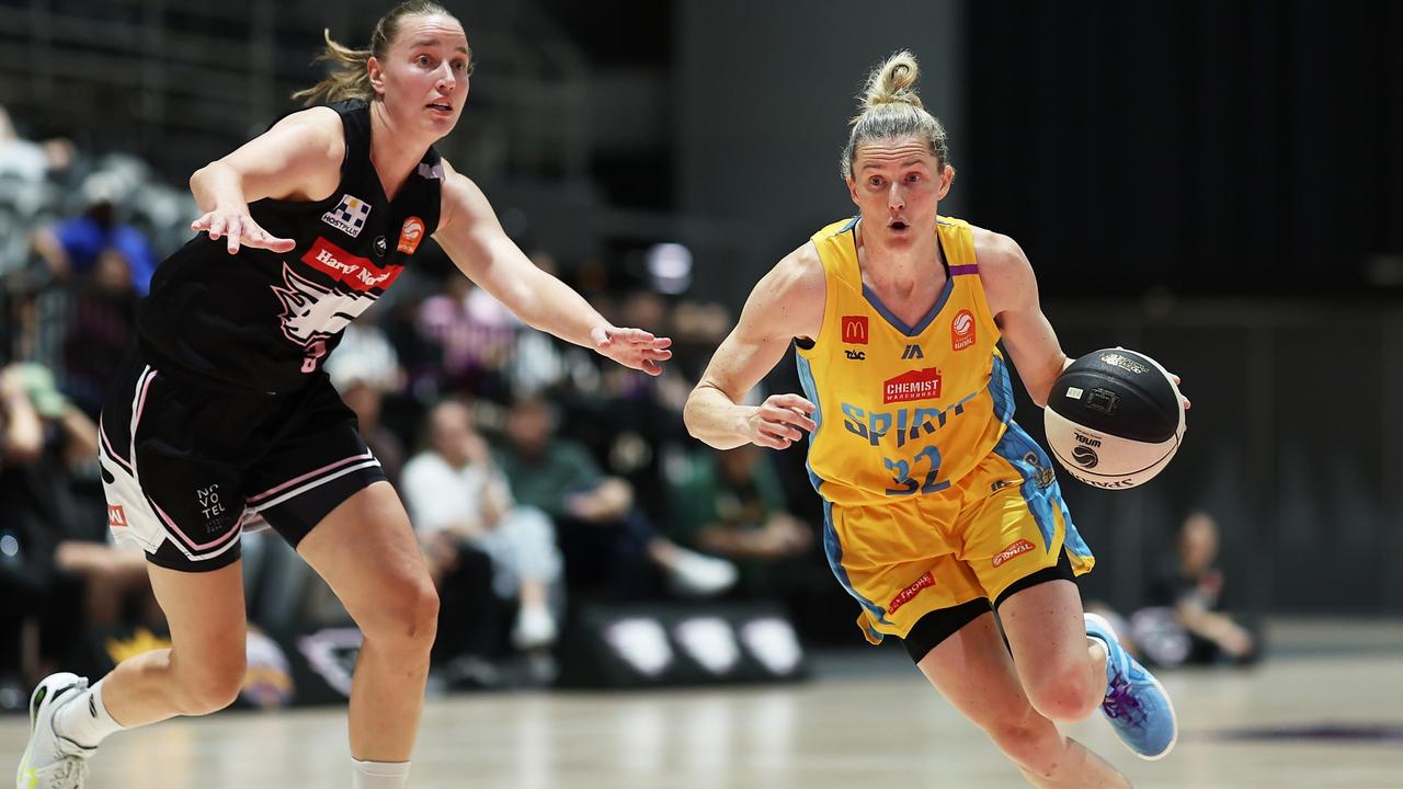 Sami Whitcomb of the Spirit drives to the basket during the round three WNBL match between Sydney Flames and Bendigo Spirit at Quay Centre, on November 13, 2024, in Sydney, Australia. (Photo by Matt King/Getty Images)