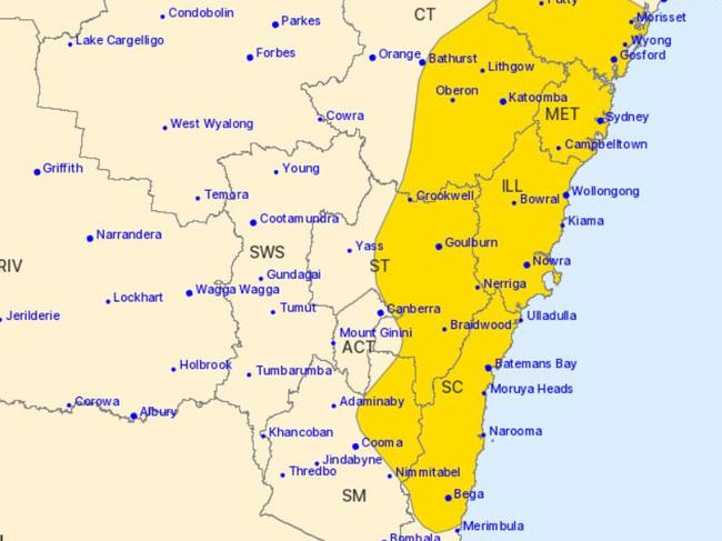 The BOM’s severe weather warning are stretches 500km in NSW. Picture: BOM.