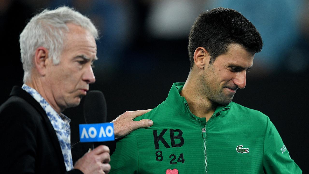 McEnroe interviews Novak Djokovic in 2020. Photo: AAP Image/Lukas Coch