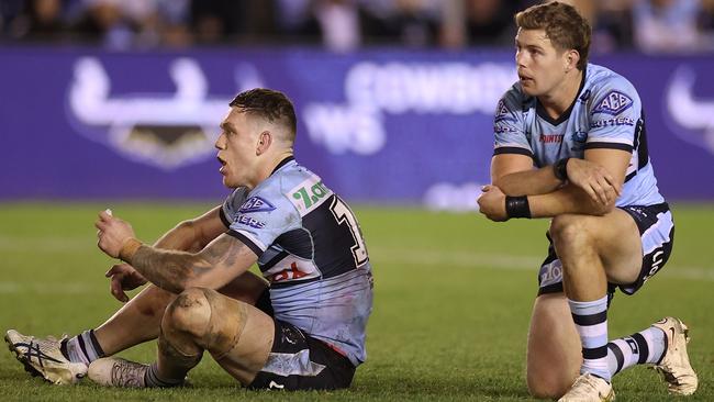 Cameron McInnes and Blayke Brailey take in the loss to the Cowboys. Picture: Mark Kolbe/Getty Images