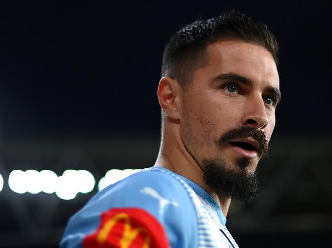 BRISBANE, AUSTRALIA - OCTOBER 14: Jamie Maclaren of Melbourne City takes to the field for wam ups ahead of the round two A-League Men's match between Brisbane Roar and Melbourne City at Suncorp Stadium, on October 14, 2022, in Brisbane, Australia. (Photo by Albert Perez/Getty Images)