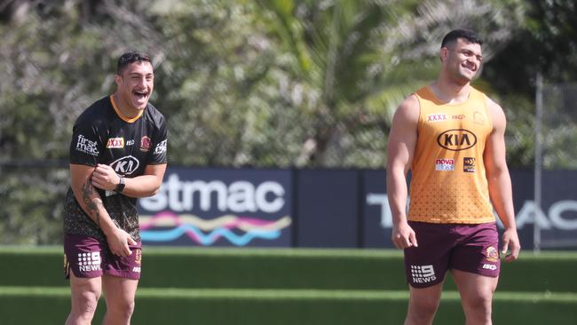 Kotoni Staggs and David Fifita in a training session at Broncos’ Red Hill headquarters this week. Picture: Annette Dew