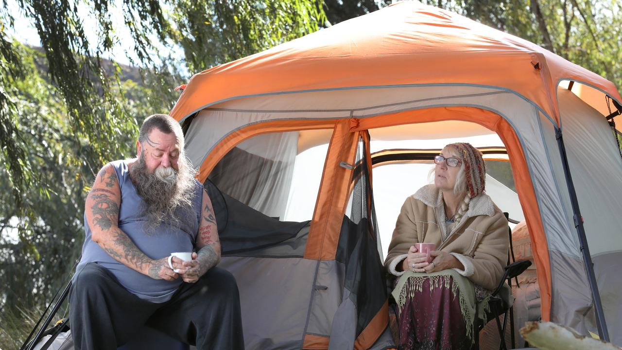 Tracy, 59, and Allen Short, 60, have lived in a tent for three months while trying to find a rental in the area. Picture: Dean Martin