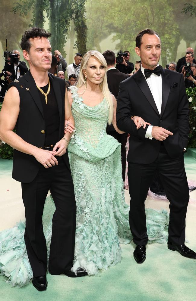 Andrew Scott, Donatella Versace and Jude Law. Picture: Jamie McCarthy/Getty