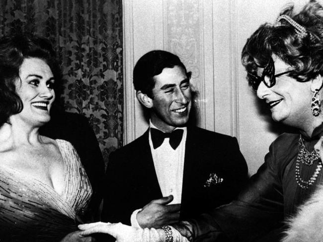 Prince Charles with opera singer Joan Sutherland and Barry Humphries as Dame Edna Everage in 1978.