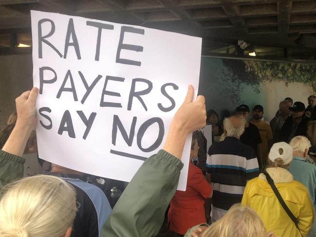 Rate payers at Northern Beaches Council protest over proposed rate increases. Picture: SUpplied.