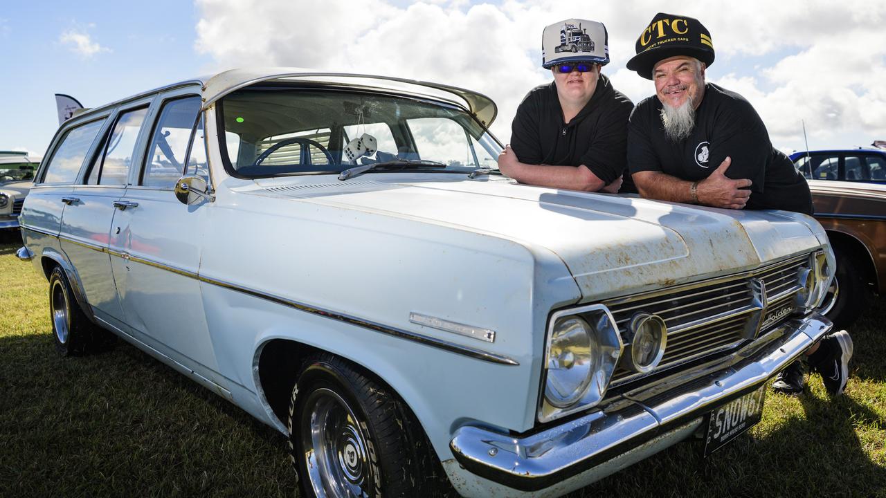 William (left) and Phill Snow with their 1969 HR Holden wagon and their unique CTC hats at the David Hack Classic, Sunday, May 18, 2025. Picture: Kevin Farmer