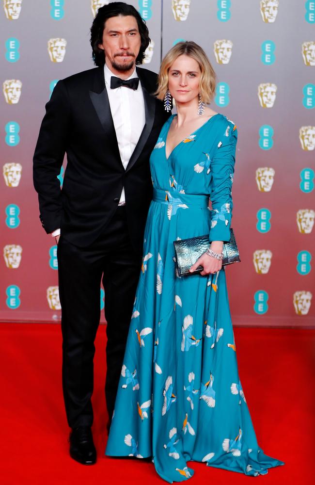 US actor Adam Driver and his wife Joanne Tucker on the red carpet at the 2020 British Academy Film Awards. Picture: AFP