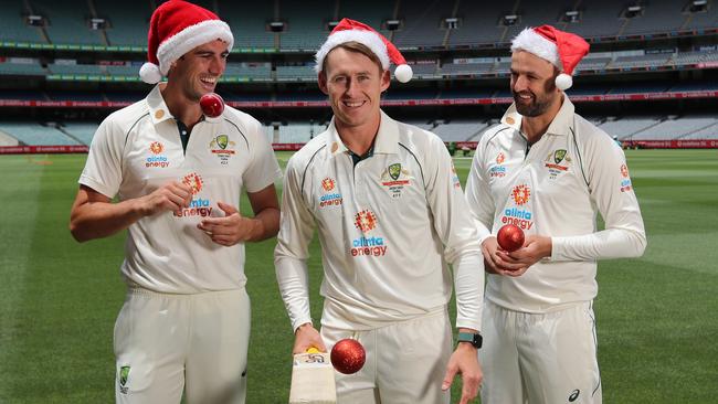 Australian stars Pat Cummins, Marnus Labuschagne and Nathan Lyon get into the Christmas spirit. Picture: Alex Coppel