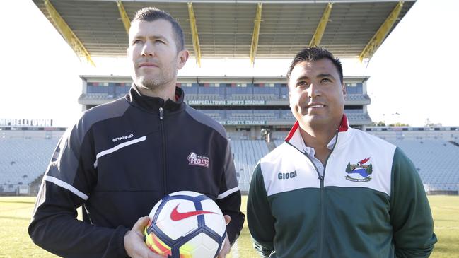 Former Socceroos and bid ambassadors Brett Emerton (left) and Nick Carle Picture: Luke Fuda Films and Photography