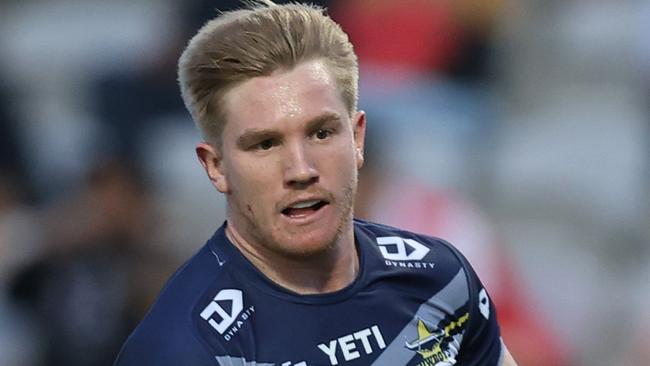 SYDNEY, AUSTRALIA - MARCH 23: Tom Dearden of the Cowboys scores a try during the round three NRL match between St George Illawarra Dragons and North Queensland Cowboys at Netstrata Jubilee Stadium on March 23, 2024 in Sydney, Australia. (Photo by Jason McCawley/Getty Images)