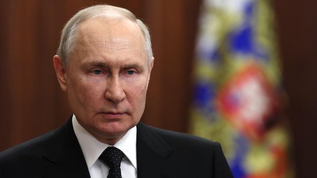 Vladimir Putin delivers a video address as Wagner fighters stage a rebellion. Picture: AFP.