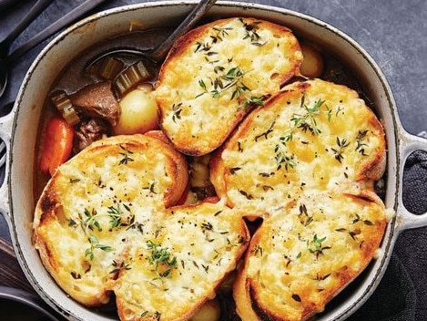 Cheesy toast with beef stew.