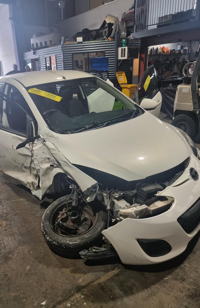 The wreckage of an 83-year-old woman's car following a hit and run in Cranley on Tor St at 6.45am on Thursday, February 15 2024.