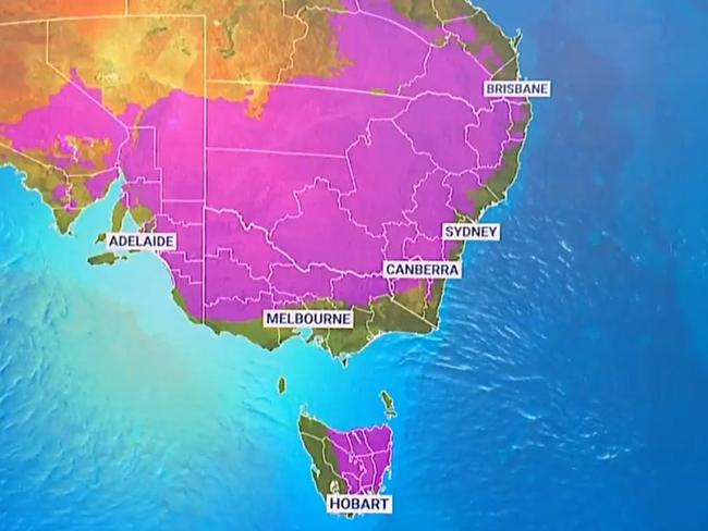 Large swathes of frost will send morning temperatures plunging across four states in Australia's south east.