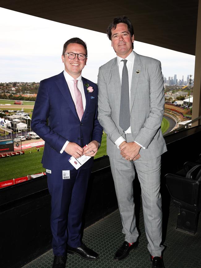 Gillon McLachlan enjoys 2023 Cox Plate Day at Moonee Valley with Racing Minister Anthony Carbines (left). Picture: Mark Stewart