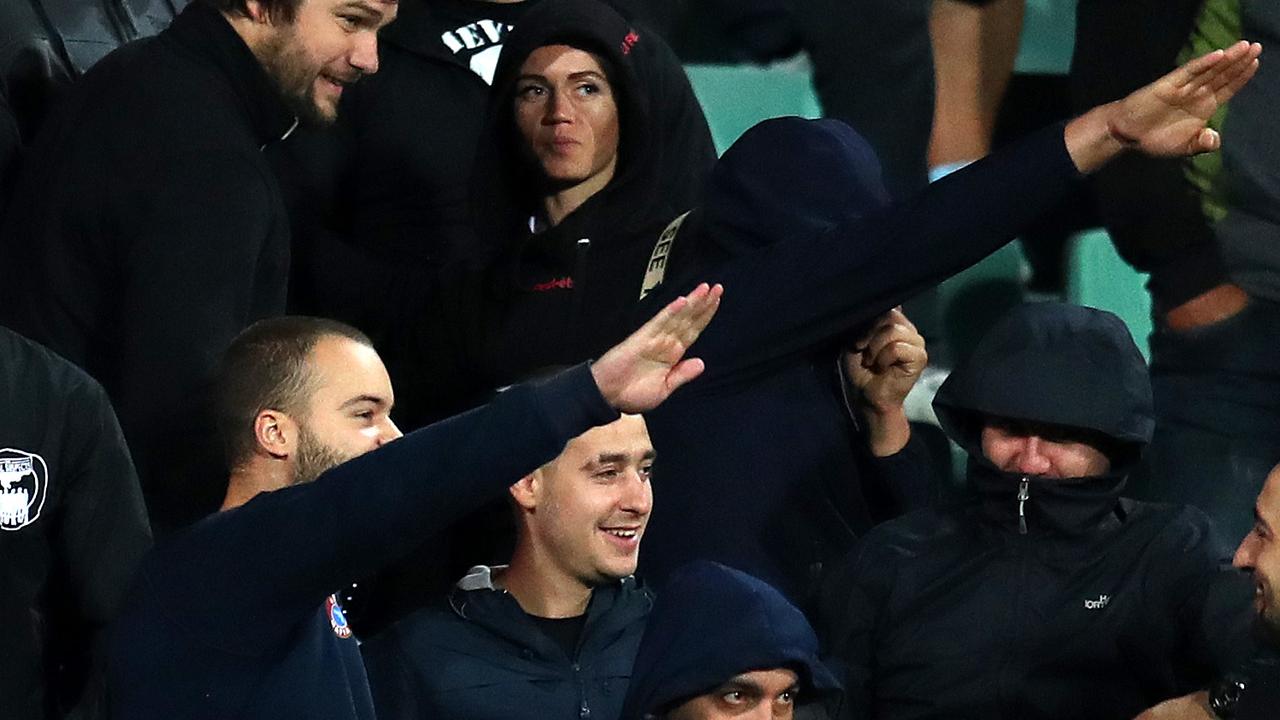 Bulgarian fans gesture during the UEFA Euro 2020 qualifier.